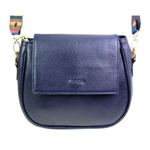 TAAGA NAVY BLUE REAL LEATHER MULTICOLOR STRAP FLAP X-BODY SHOULDER BAG HANDBAG